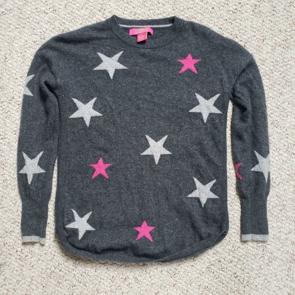 Catherine Malandrino Gray White/Pink Stars 100% Cashmere Womens Small Sweater